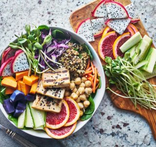 grilled tofu and dragon fruit buddha bowl top view